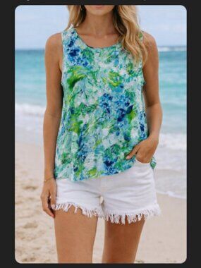 Linen Sleeveless Tank Top Loose Blue Green Watercolours Floral Flowy Size Small